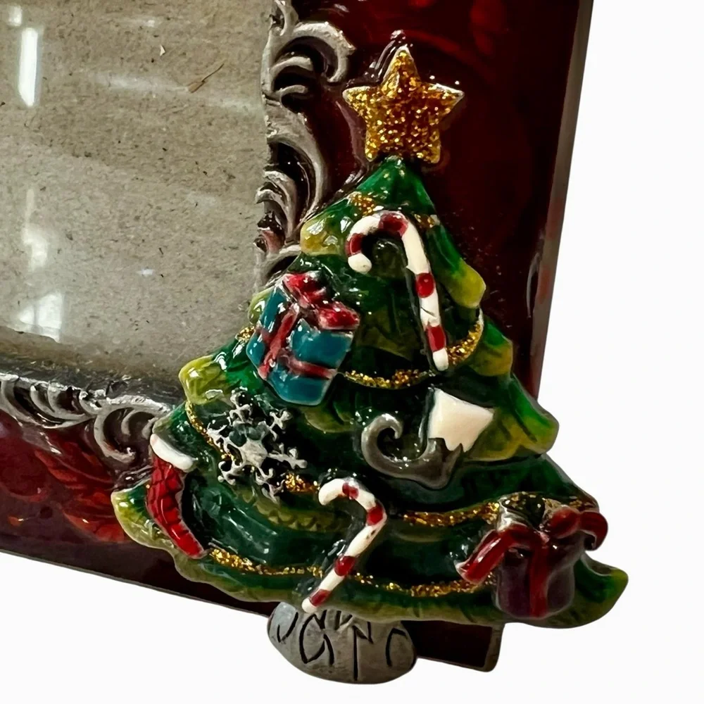 Red Decorative Epoxy Photo Frame with Christmas Tree Accent EUC